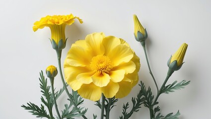 Wall Mural - vibrant yellow marigold flowers with buds on a white background showcasing their beauty and natural 
