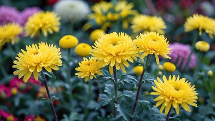 Wall Mural - vibrant yellow chrysanthemums in a lush garden setting with colorful flower background and blurred f