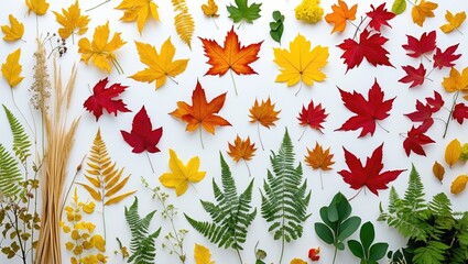 Wall Mural - colorful autumn herbarium featuring a variety of red, yellow, and green leaves alongside grasses and