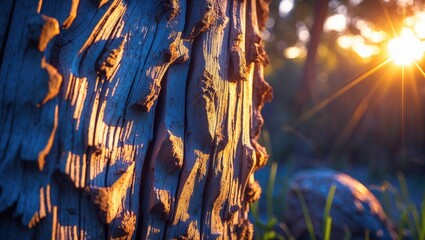 Wall Mural - close-up of weathered wood texture illuminated by warm sunlight in a natural outdoor setting highlig