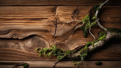 Wall Mural - natural wooden background with intricate grain patterns, moss accents, and a branch, ideal for organ