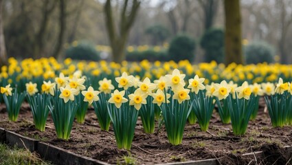 Wall Mural - vibrant yellow daffodils in bloom surrounded by greenery ideal for nature text background and fresh 