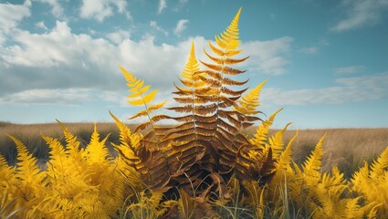Wall Mural - Vibrant golden and brown ferns swaying gently in the wind under a blue sky with scattered clouds in a serene natural landscape.