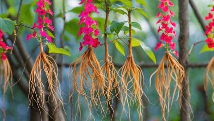 Wall Mural - kampsis vine with vibrant pink flowers and striking aerial roots on stems showcasing nature's beauty