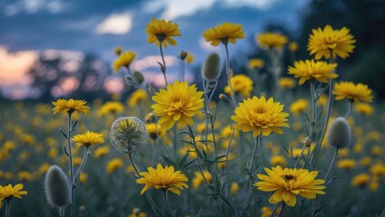 Wall Mural - Vibrant Yellow Flowers Blooming in a Field at Dusk with Soft Evening Light and Dramatic Sky Background