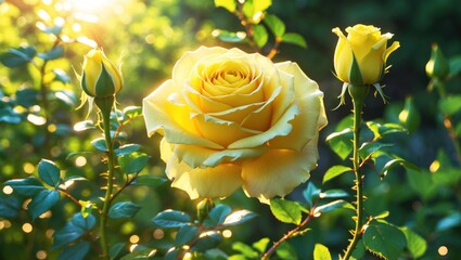 Wall Mural - Close-up of vibrant yellow rose blossoms surrounded by lush green foliage and illuminated by warm natural sunlight in a summer garden.