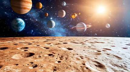 Planets Of Solar System Above A Rocky Ground 3D Illustration Abstract