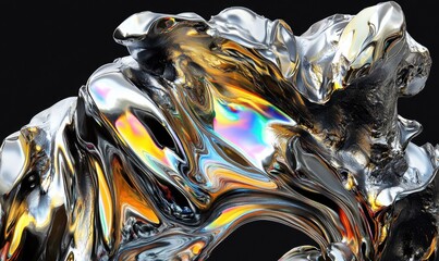  Abstract metallic swirl with iridescent colors on dark background, for digital art
