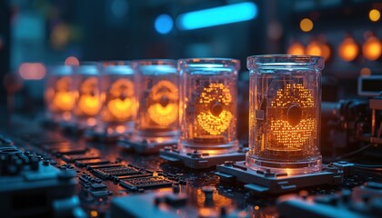 Aufkleber - Quantum computer circuit setup with glowing details. Quantum processor inside transparent cylinder containers. High tech laboratory equipement with futuristic design. Perfect for science, technology,