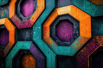 Wall Mural - abstract geometric pattern with octagonal shapes in vibrant teal, orange, and purple hues, textured 