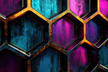 Wall Mural - abstract hexagonal pattern with metallic texture in vibrant teal, purple, and gold.
