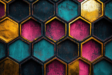 Wall Mural - abstract hexagon pattern with teal, pink, gold, and black hues, creating a textured, geometric desig