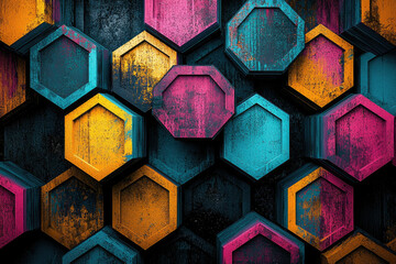 Wall Mural - abstract hexagon pattern with grunge texture in teal, pink, and gold.