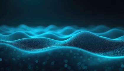 Fototapete - Abstract wavy tech background with blue digital light effect for corporate concept. Dynamic elegant fractal futuristic glow graphic evokes cyberspace matrix minimal particle tech visualisation.