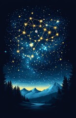 Wall Mural - a serene and peaceful painting depicting a starry night sky with a prominent star at its center, fea
