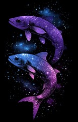 A fish glides through the sky amidst a constellation of stars, enveloped by a galaxy of celestial bodies