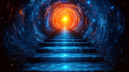 Wall Mural - Glowing Steps Lead Through Mystical Tunnel Vibrant blue and orange hues illuminate path. AI Generated