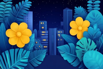 Wall Mural - a vibrant painting depicting a forest with a cityscape in the distance, exuding a bright, dreamy, an