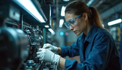 Aufkleber - Female engineer works on industrial equipment wearing safety goggles, gloves. Woman maintains machinery in factory, checks system, repairs hardware in blue uniform. High tech industry automation,