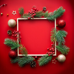 Wall Mural - Festive Christmas Frame with Ornaments, Pine Branches, and Red Background Generated Image