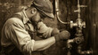 © INT888 - Vintage plumbing scene with skilled worker repairing pipes, showcasing craftsmanship and dedication