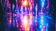 © NAIMAH - Silhouetted dancers at nightclub party, vibrant lights reflecting on floor