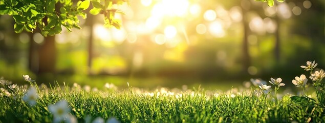 Soft-focused spring forest backdrop with sunbeams penetrating lush foliage and bokeh effects, versatile nature scene for wall art or website banner templates
