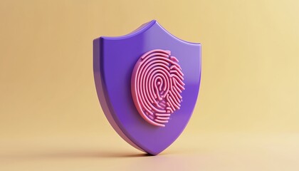 Fototapete - Stylized 3D purple shield with pink fingerprint represents digital security, access control, biometric authentication tech. Symbol of personal data protection, safe online network access, user