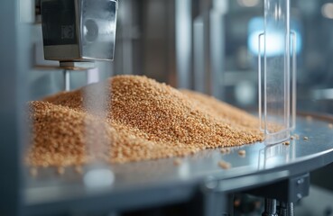 Poster - Buckwheat groats on conveyer filling machine. Food production concept. Automated packaging line with raw material processed at factory. Business manufacture, technology equipment at industrial