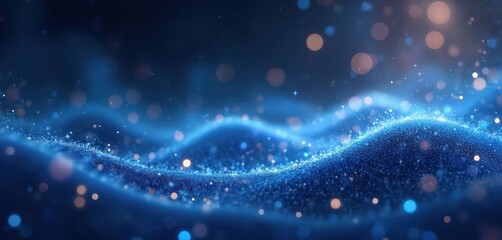 Poster - Abstract blue wave shimmering with sparkling stars, cosmic elements. Vibrant digital background with flowing light trails, ethereal design. Perfect for text or graphic overlay, banner or wallpaper.