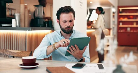 Poster - Businessman, customer and online with tablet in restaurant for remote work, small business registration and planning. Entrepreneur, digital tech and scroll with website research and funding proposal