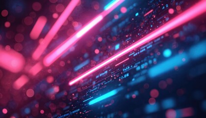 Fototapete - Abstract digital art featuring pink and blue neon glowing lines, white dots. Futuristic cyberpunk aesthetic background for website, social media and design projects. Tech, design elements.
