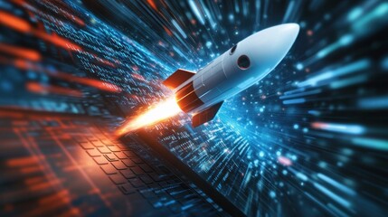 Rocket launching from laptop screen, digital code background, fast speed, startup concept