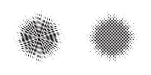 Poster - Set of black halftone grunge circle. Vector modern dots halftone arts. Halftone circle frame background set. Round border Icon using halftone random circle. Grunge circular stain. Vector illustration.