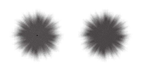 Poster - Set of black halftone grunge circle. Vector modern dots halftone arts. Halftone circle frame background set. Round border Icon using halftone random circle. Grunge circular stain. Vector illustration.