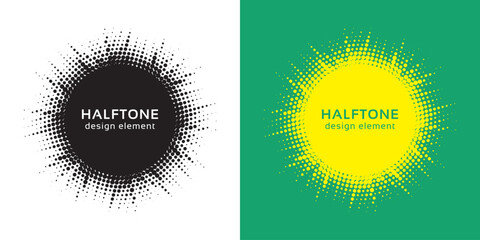 Poster - Set of black halftone grunge circle. Vector modern dots halftone arts. Halftone circle frame background set. Round border Icon using halftone random circle. Grunge circular stain. Vector illustration.
