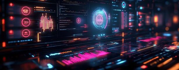 Futuristic digital interface with glowing graphs and data visualization elements.