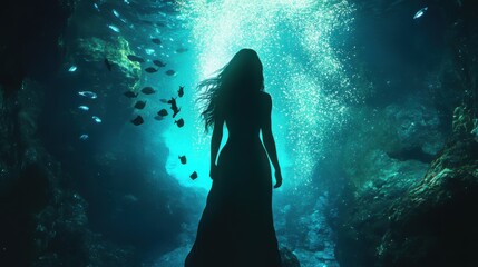 Poster - Woman glowing underwater surrounded by fish and bubbles in a vibrant, mysterious cave at twilight
