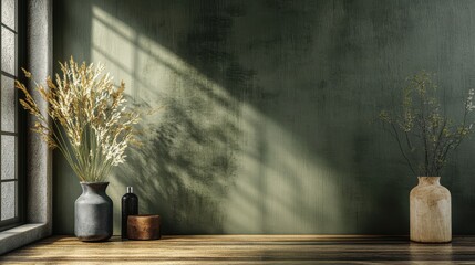Aufkleber - Interior decor featuring a minimalistic arrangement with deep olive drab green background and natural elements for tranquility in a living space
