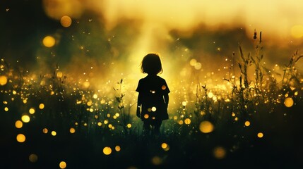 Aufkleber - Surreal silhouette of a child standing in a shimmering field at dusk surrounded by glowing lights