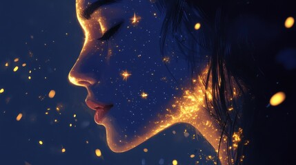 Poster - Serene portrait of a woman's glowing face captured in a tranquil moment with enchanting light effects
