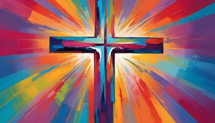 Poster - A vibrant and colorful abstract painting featuring a Christian cross illustration, perfect for an easter concept