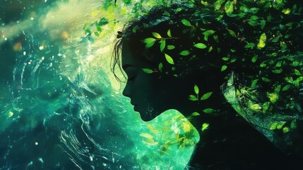 Poster - Portrait of a woman illuminated by nature's beauty in a tranquil moment of reflection and peace