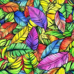 Poster - Colorful doodle style watercolor leaves create a vibrant and lively pattern perfect for artistic inspiration