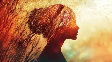 Leinwandbilder - Conceptual visualization of a woman surrounded by golden grass in a serene atmosphere during sunset