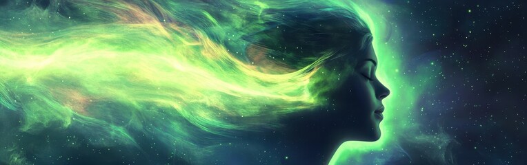 Aufkleber - Captivating portrait of a serene woman illuminated by ethereal green light in a cosmic backdrop
