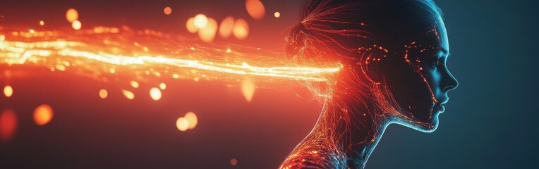 Aufkleber - Surreal representation of a glowing woman with vivid energy flowing from her head in an ethereal setting