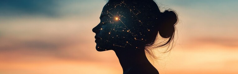 Aufkleber - Portrait of a glowing woman with a starry constellation silhouette against a serene twilight sky