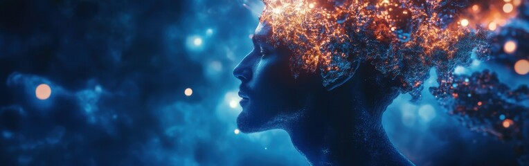 Fototapete - Mystical profile of a man with celestial elements representing imagination and creativity surrounded by cosmic lights