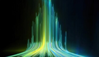 Poster - futuristic neon light streaks in digital vortex, glowing data streams forming curved energy paths on dark background

